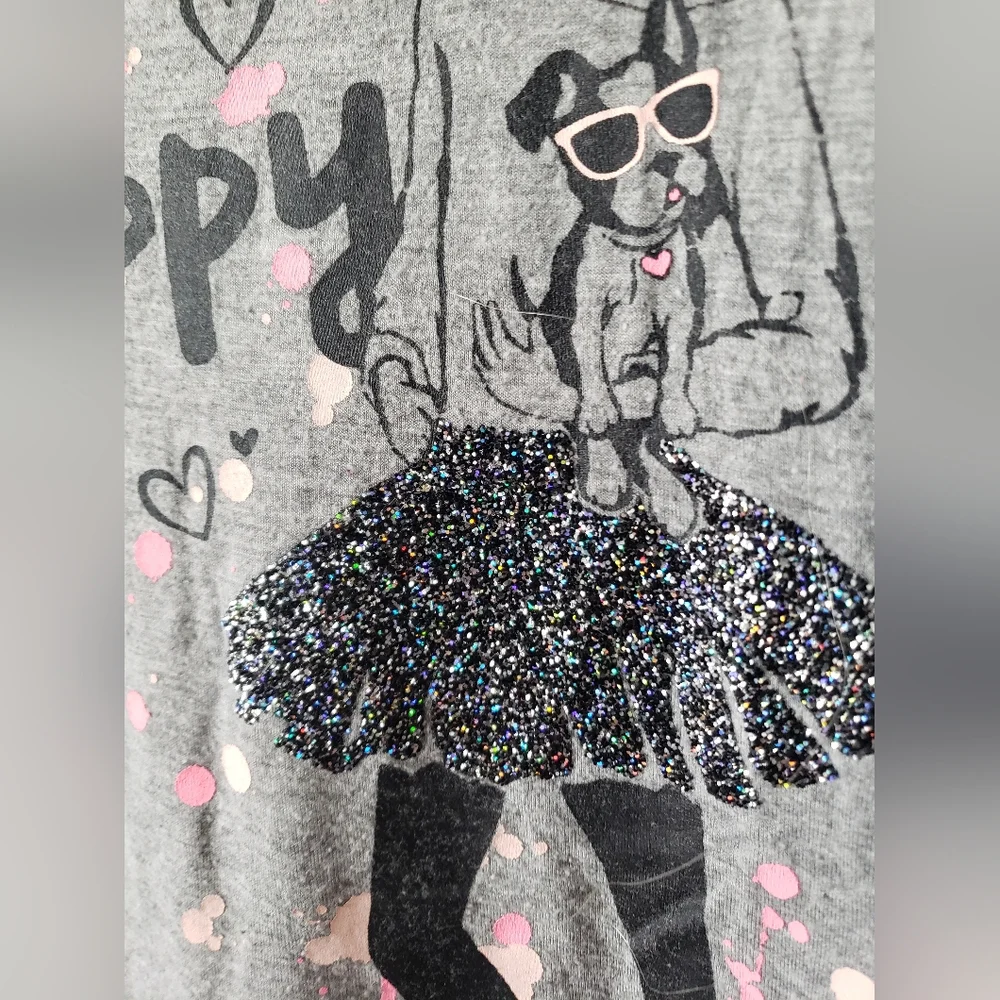 Justice Girls Gray Graphic T-Shirt with Pink Accents Neon Glitter 8 Dog